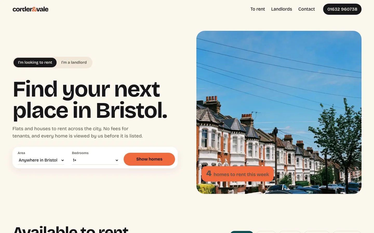 After: the new Corder & Vale homepage. Tenants and landlords each get their own pitch with one tap, and the area search filters homes as you go.